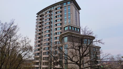 apartment building room in living area. new block of modern apartments with balconies and blue sky in the background
