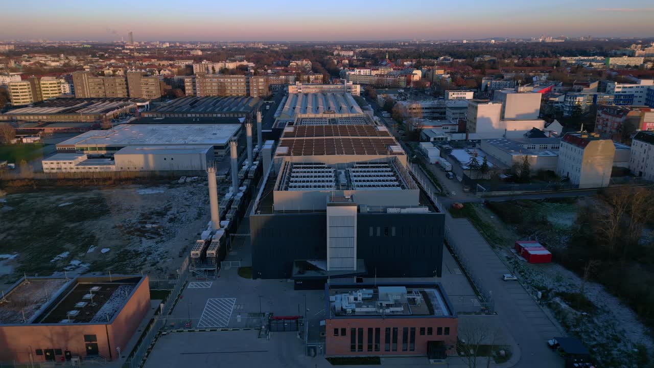 Large data center building processing information and connecting global network infrastructure. Nice aerial view flight ascending raise up drone