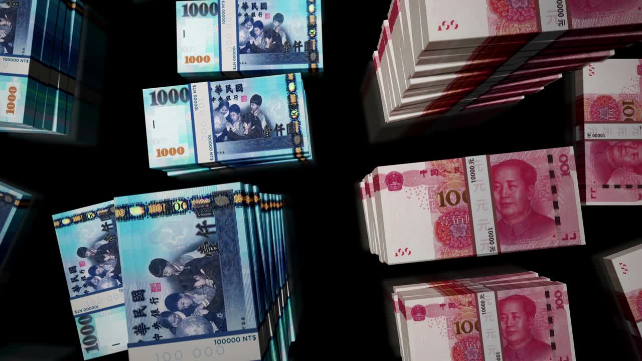 Animação em loop de voo sobre maços de notas de Dólar Taiwanês e Yuan Chinês