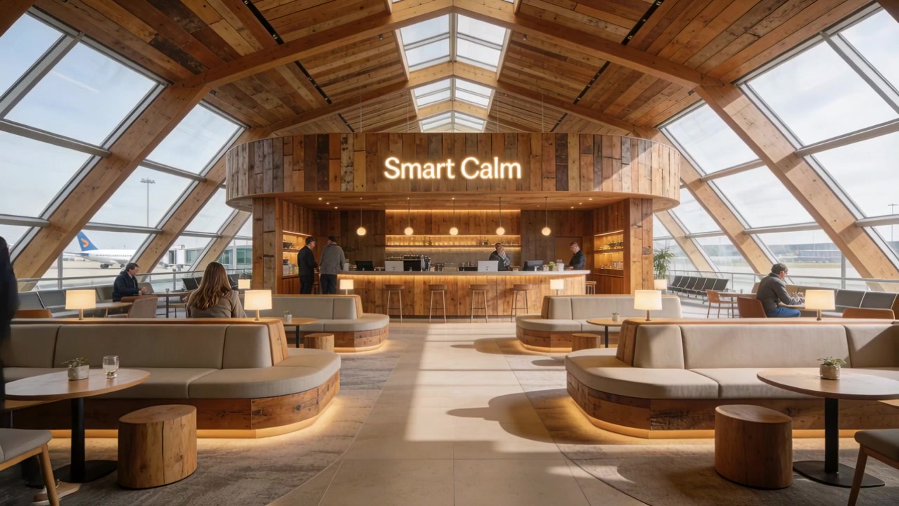 Arriving travelers in coats walking to Smart Calm counter in airport lounge, waiting for flights