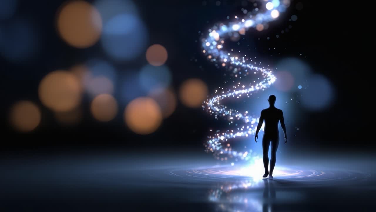 Uma jornada mística de luz e energia: uma silhueta de uma figura rodeada por brilhos rodopiantes, representando transformação e infinitas possibilidades em movimento