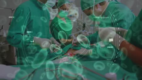 animación de células de virus flotando sobre los médicos durante la cirugía