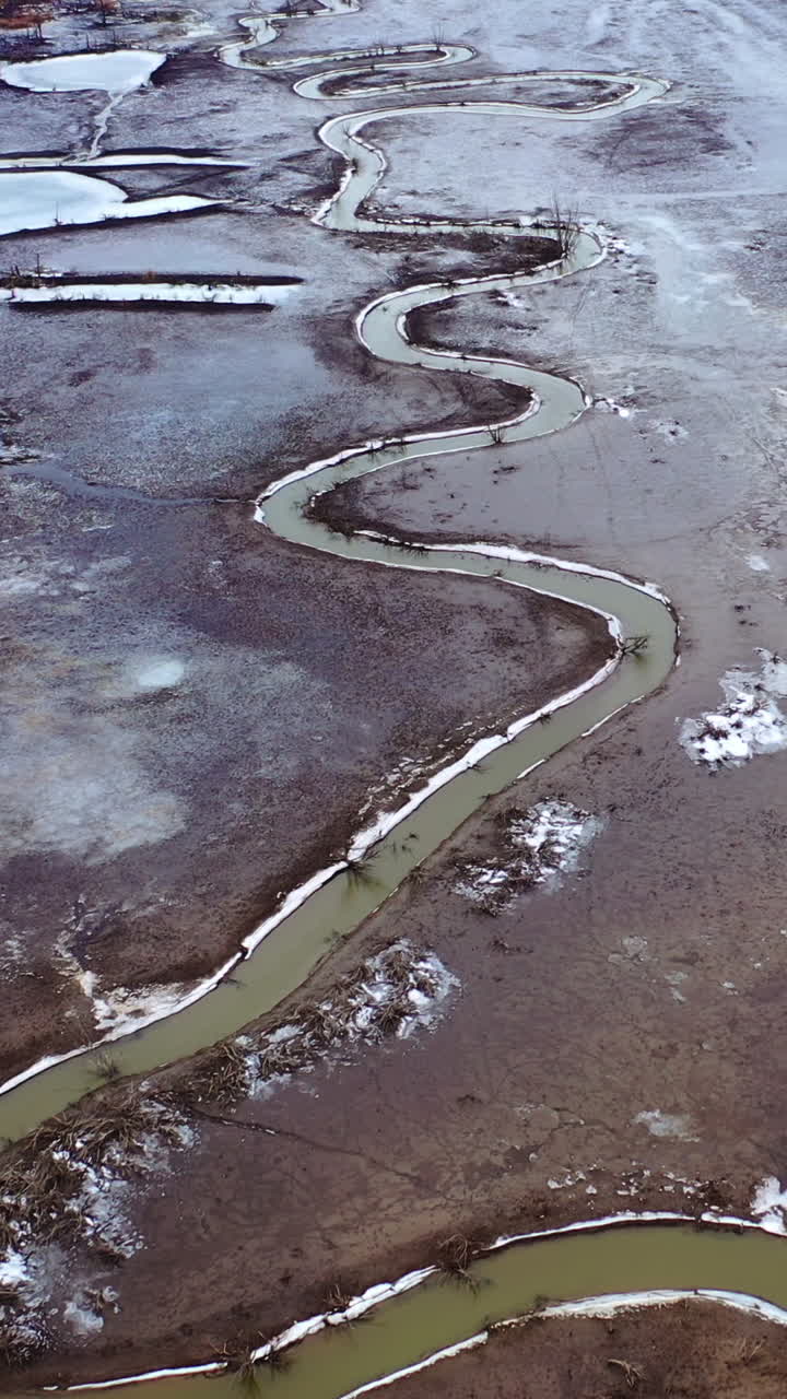 Natural problems of water. Dirty stream of dried lake. Gloomy background of environment. Global warming. Aerial view. Vertical video