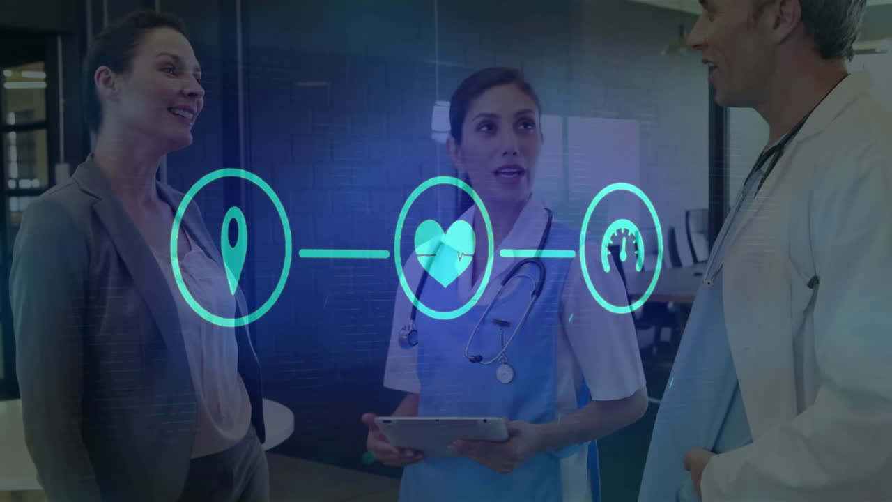 병원 내의 다양한 의사들과의 아이콘과의 연결 네트워크의 애니메이션