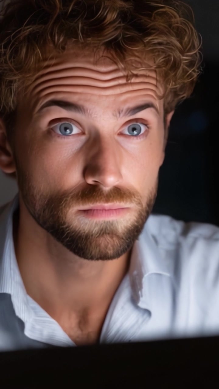 A Deeply Engaged Man's Expressions As He Focuses Intensely on His Computer Screen During a Late Night Work Session, Revealing His Inner Thoughts and Emotions