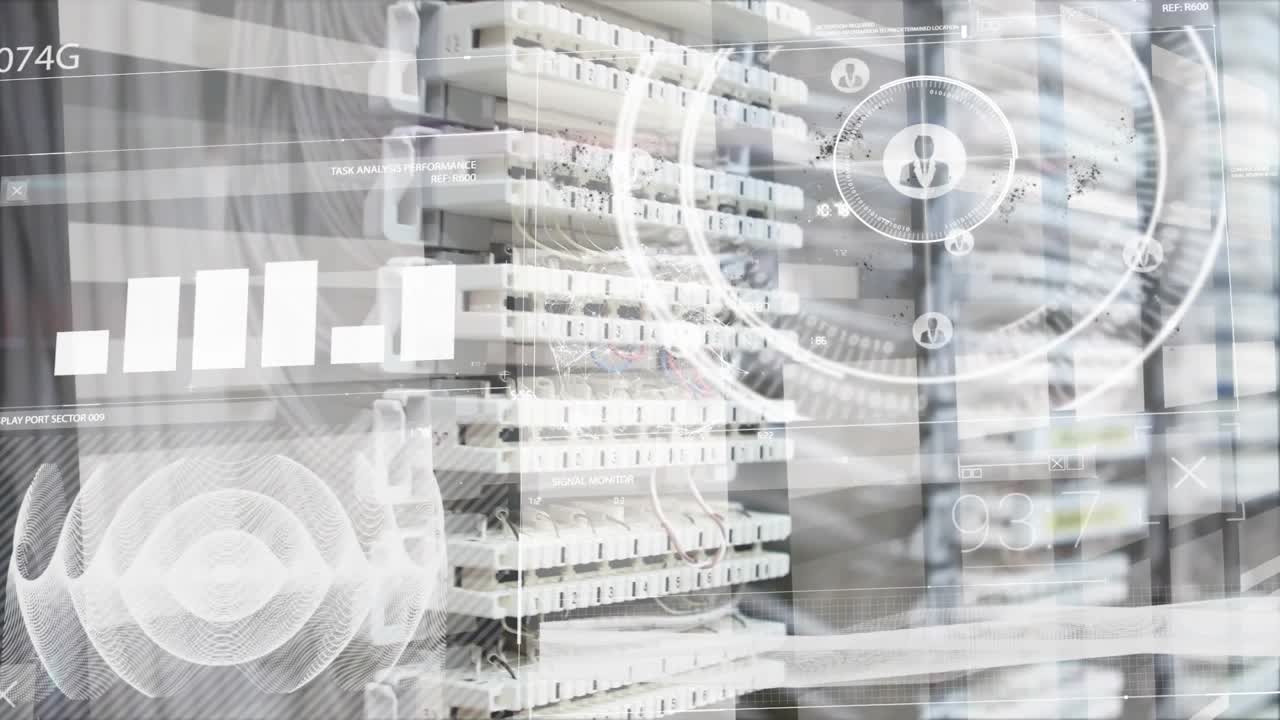 Animation of interface with data processing and globe against close up of a computer server