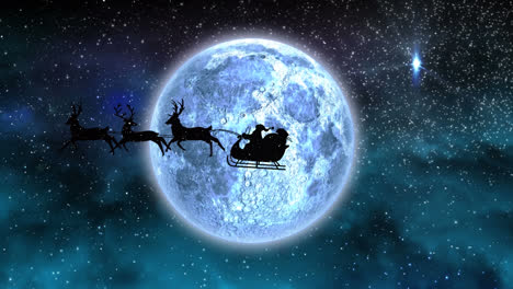 santa claus en trineo siendo tirado por renos contra estrellas brillantes una luna en el cielo nocturno