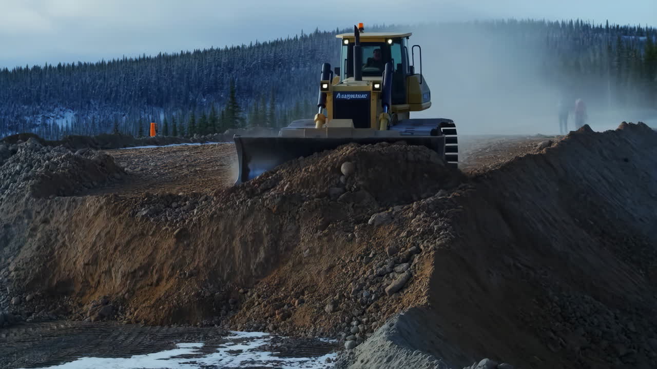 Bulldozer pushing dirt at a construction site in a winter landscape