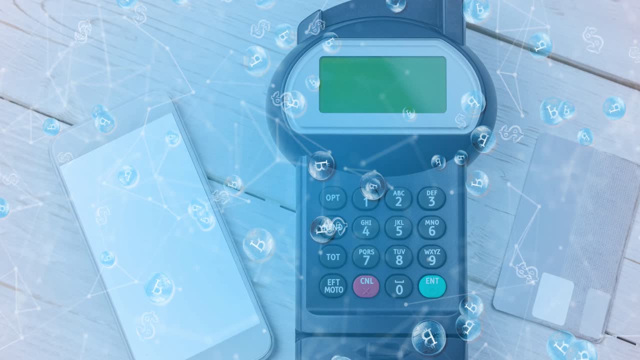 스마트 폰과 결제 단말기를 통해 비트코인의 애니메이션