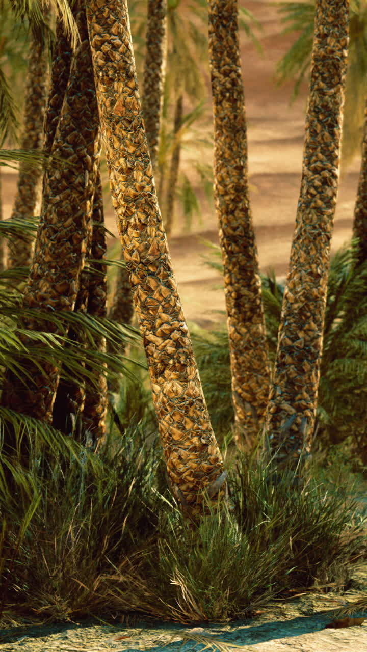Lush tropical landscape with palm trees and vibrant greenery at sunset