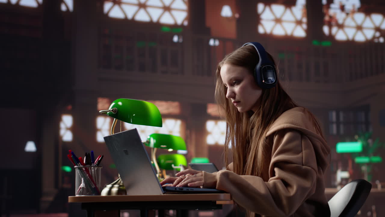 Young girl listening to educational documentary on laptop and takes notes
