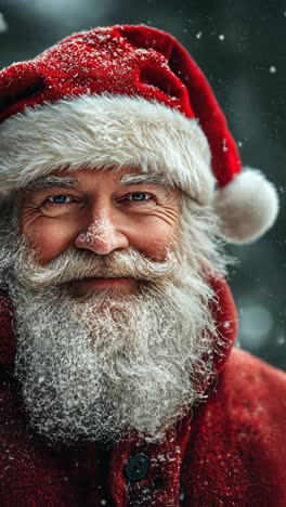 smiling man in a red coat and hat stands in the snow during winter