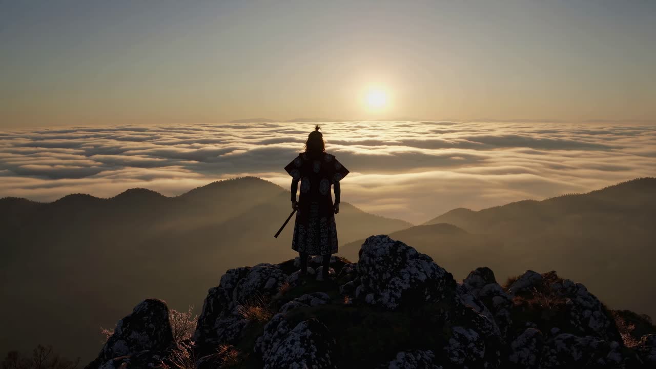 Silhouette of a warrior on a mountain peak at sunrise, captured from a low-angle