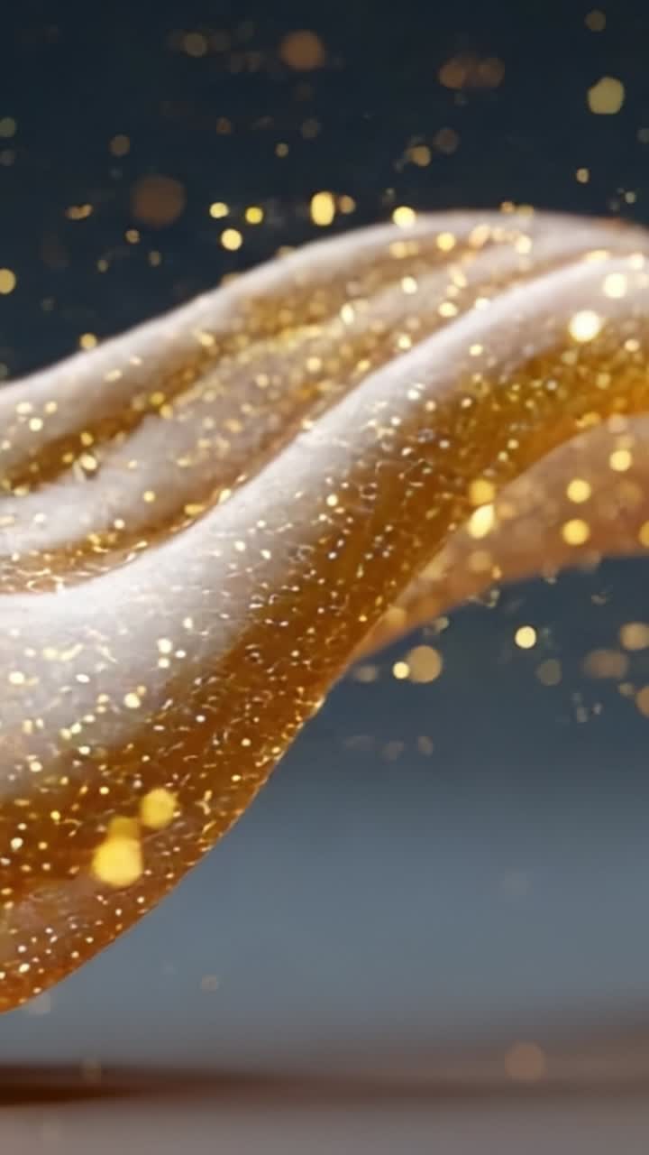 Liquido dorato scintillante che scorre attraverso bellissime onde, catturando l'essenza di eleganza e movimento con particelle luccicanti in uno spettacolo ipnotizzante.