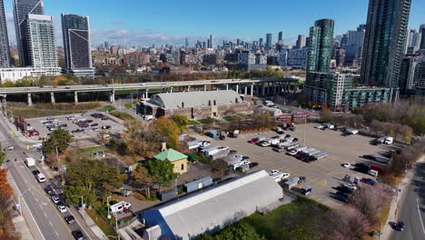 drone aerial of the cne grounds in toronto on a beautiful fall day