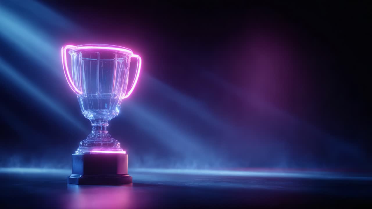 Illuminated Fantasy Trophy Against Dark Backdrop, Celebrating Achievement with Neon Accents and Dynamic Lighting Effects