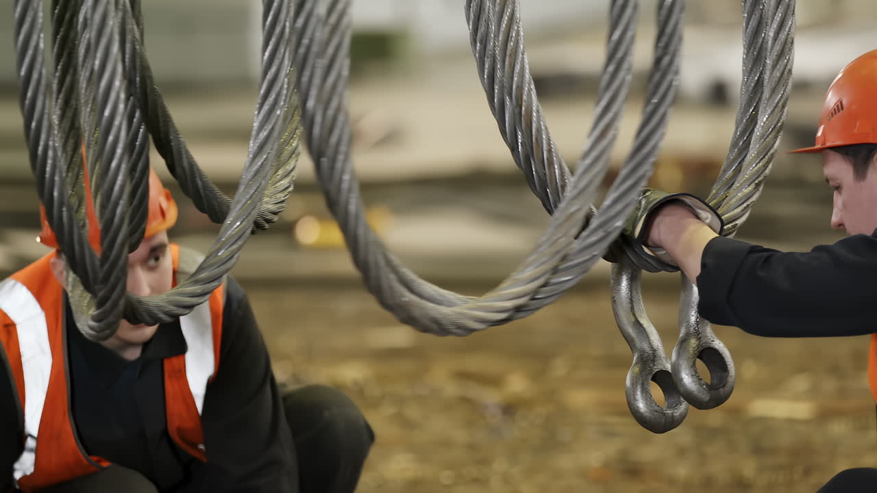 trabajadores que manejan cables de acero para levantar