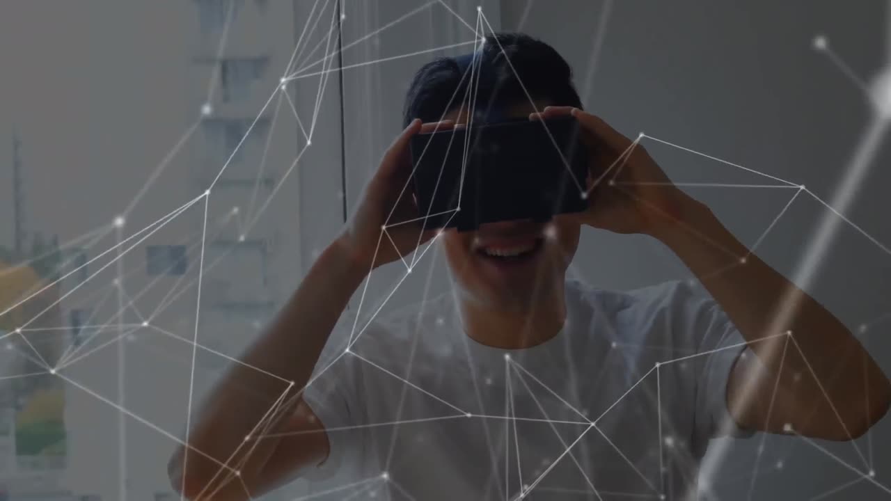 animación de la red de conexiones sobre el hombre de negocios que usa auriculares vr
