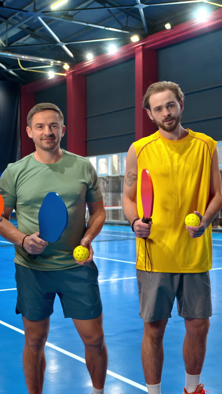 Two men posing after playing pickleball on a blue, inside court. Vertical