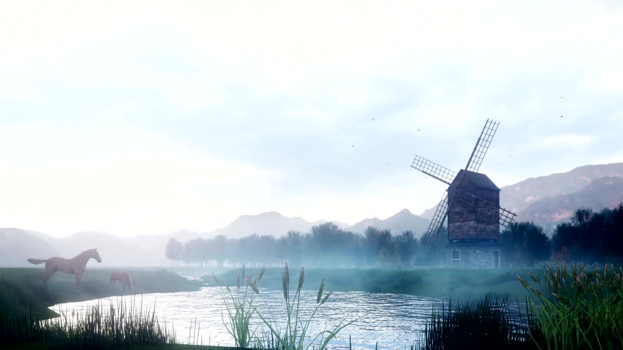 시골의 안개가 가득한 아침 풍경, 오래된 풍차와 연못 에 있는 말, 바람의 배경에 흔들리는 풀과 식물, 구름이 가득한 하늘.