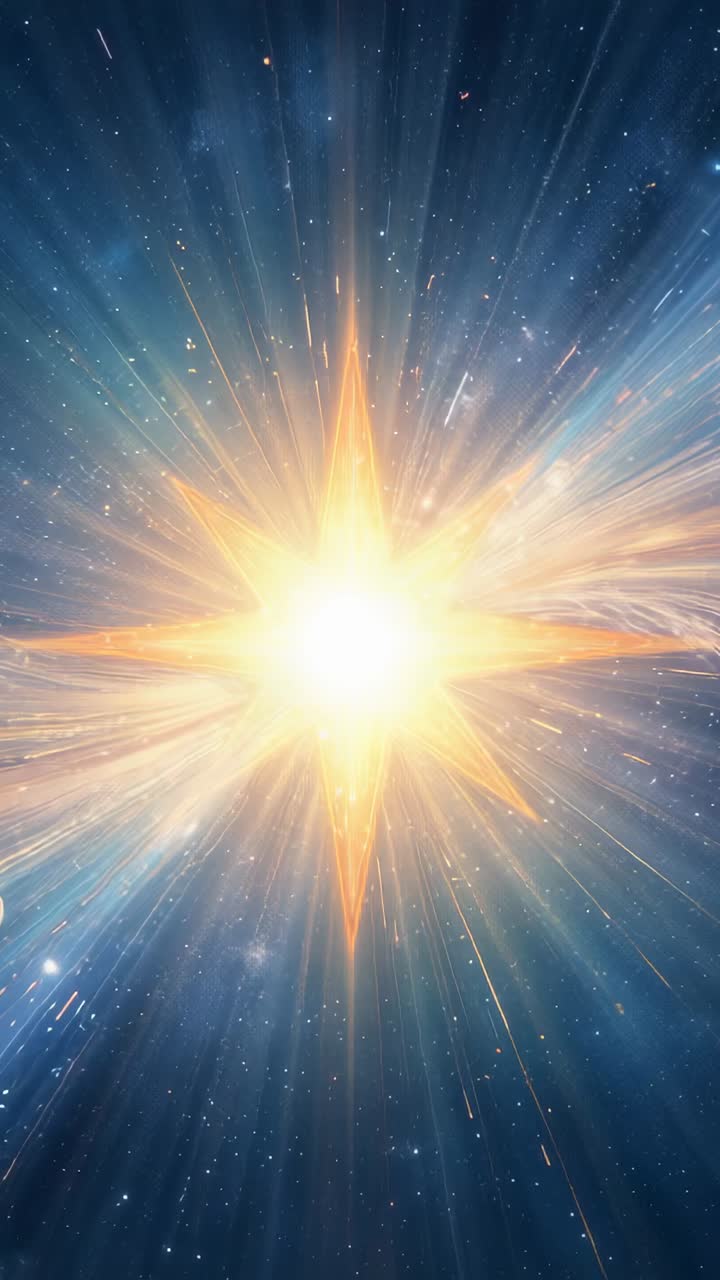 Vertical video: Emerging star sending beams in deep space, with planet and swirling nebula