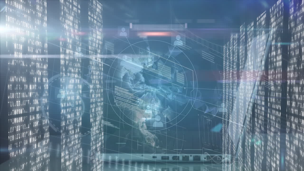 Digital world map and data processing animation over futuristic server room