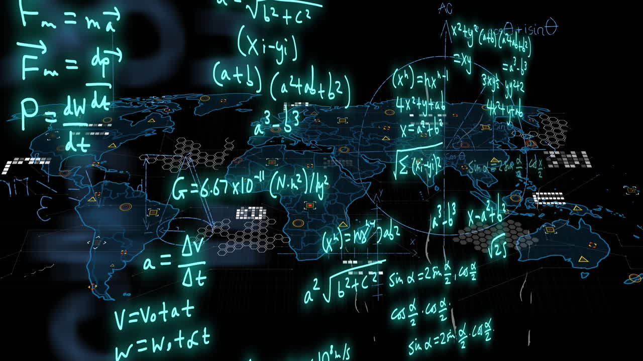 animación de fórmulas matemáticas y procesamiento de datos científicos sobre un fondo negro