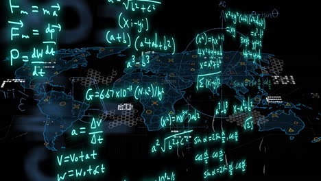 Animation of mathematical formulae and scientific data processing over black background