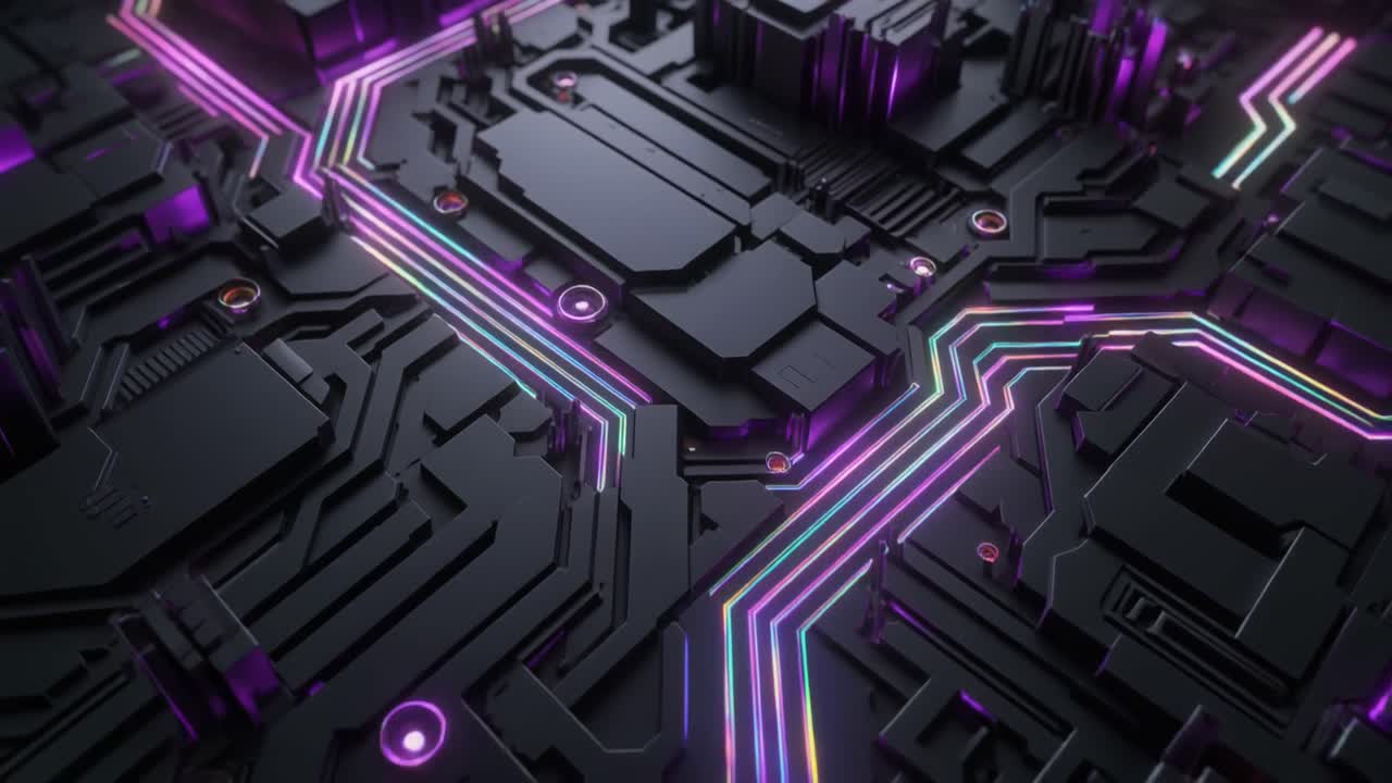 Abstract Digital Circuit Board with Pulsating Neon Lights