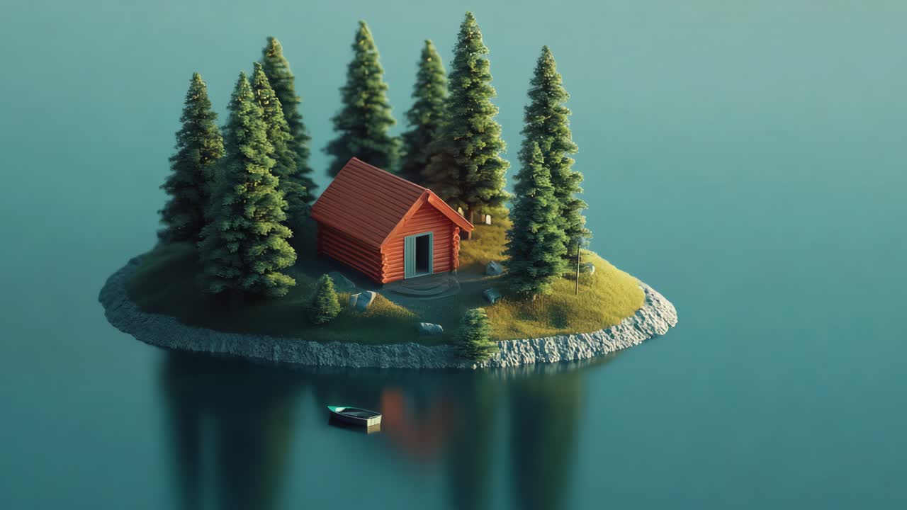 Miniature Cabin on a Floating Island in a Forest