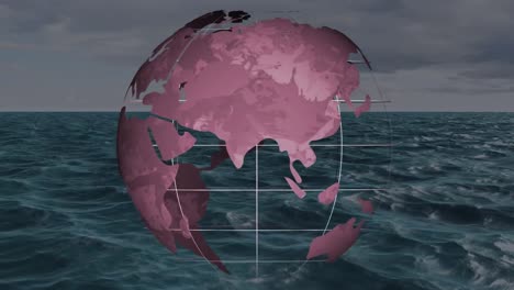 Animation-Eines-Globus,-Der-Sich-über-Dem-Meer-Dreht