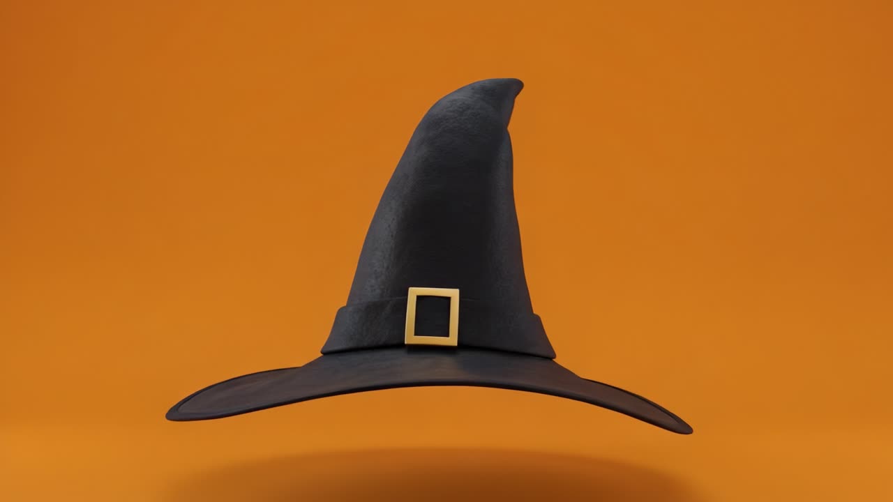 A striking visual presentation of a classic pointed black witch's hat, gracefully suspended against a vibrant orange background, capturing the essence of magic and mystique