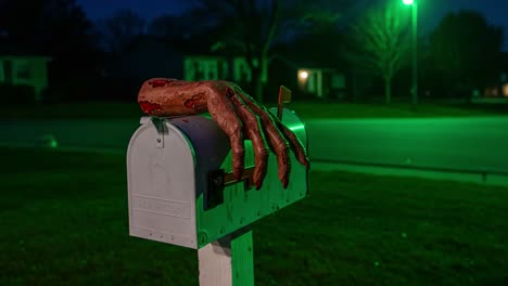 a chilling surprise: a severed hand emerges from a mailbox under eerie green light, creating a macabre atmosphere at night