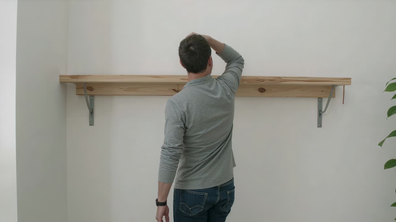 Homem de camisa recuando em casa, observando a borda da prateleira e verificando o alinhamento e os suportes da prateleira.