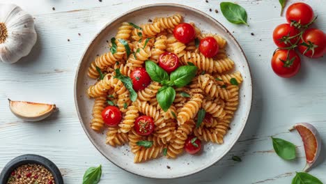spiraalvormige pasta met kersentomaten en basilicum
