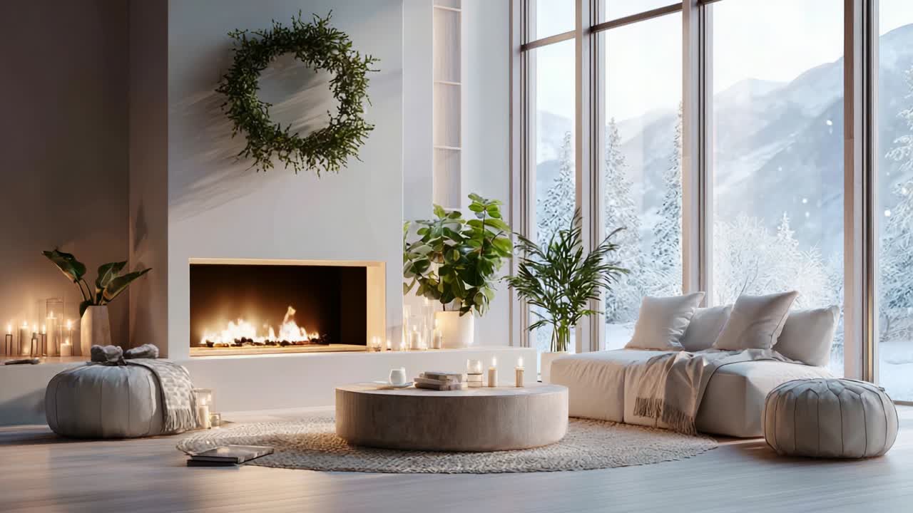 A Cozy Winter Living Room Featuring a Minimalist Design with a Circular Coffee Table, Soft Furnishings, and an Inviting Fireplace Surrounded by Natural Elements and Ambient Lighting