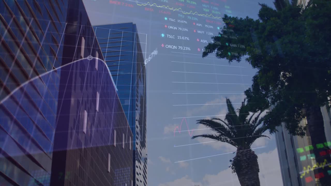 animación del procesamiento de datos financieros sobre el paisaje urbano