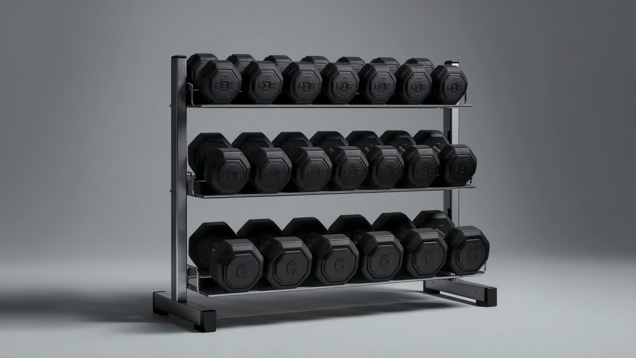 Panning camera revealing three-tier dumbbell rack closer in grey studio, showing embossed markings