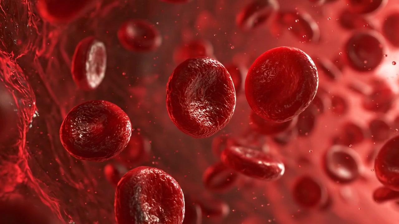 Red blood cells flowing through a vivid microscopic bloodstream scene in detailed scientific footage