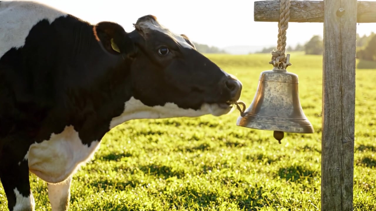 Una mucca serena in piedi accanto a una vecchia campana, catturata nel caldo bagliore dell'ora d'oro in un tranquillo campo agricolo, che evoca un senso di tranquillità rurale e connessione con la natura.