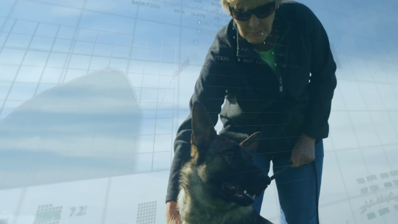 senior woman bending down holding dog leash outdoors, displaying floating data grid analytics