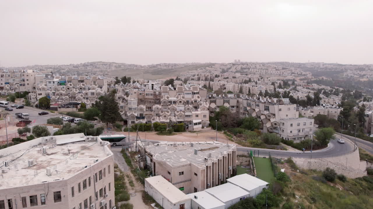 Flying over orthodox jewish neighborhood in Jerusalem
