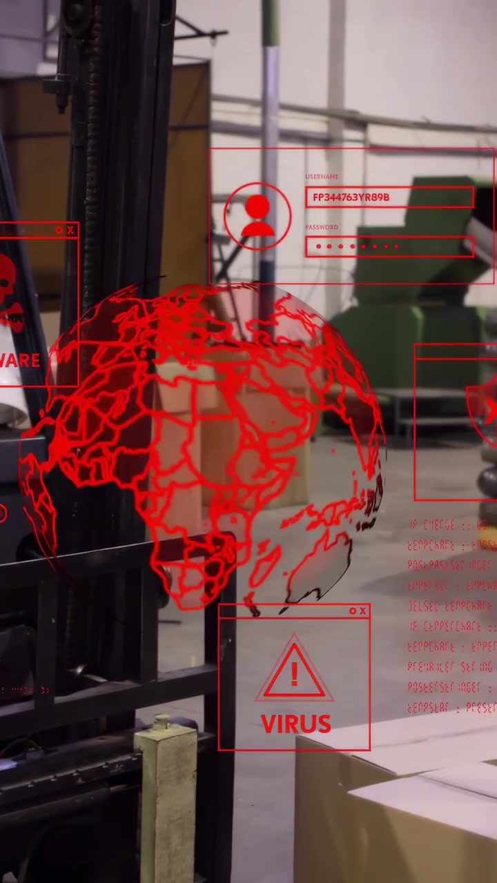 Vertical video: Warehouse worker using forklift, scanner moving near boxes and updating VIRUS holo