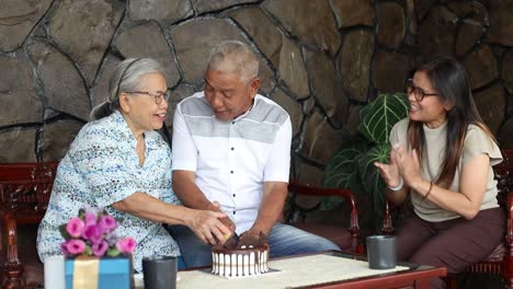 高齢のアジア人母と娘が父親の誕生日を自宅で祝っている