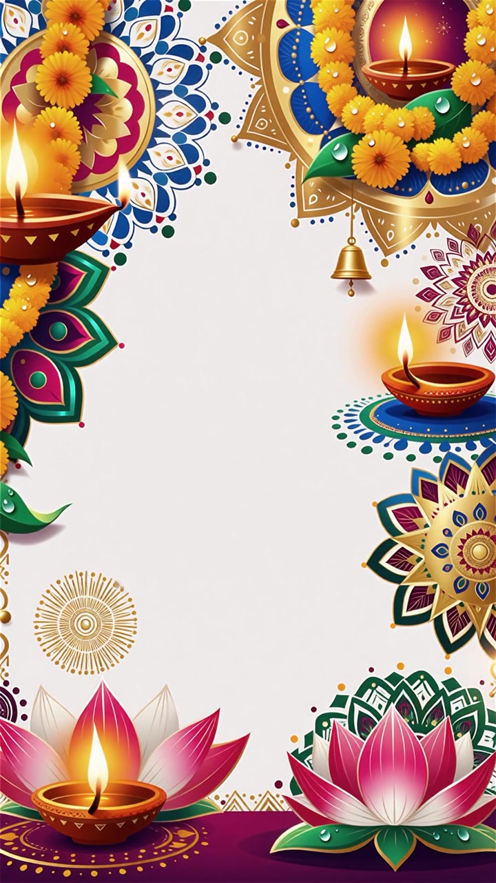 Sfondo Diwali con Diyas luminosi, Rangoli e fiori di loto