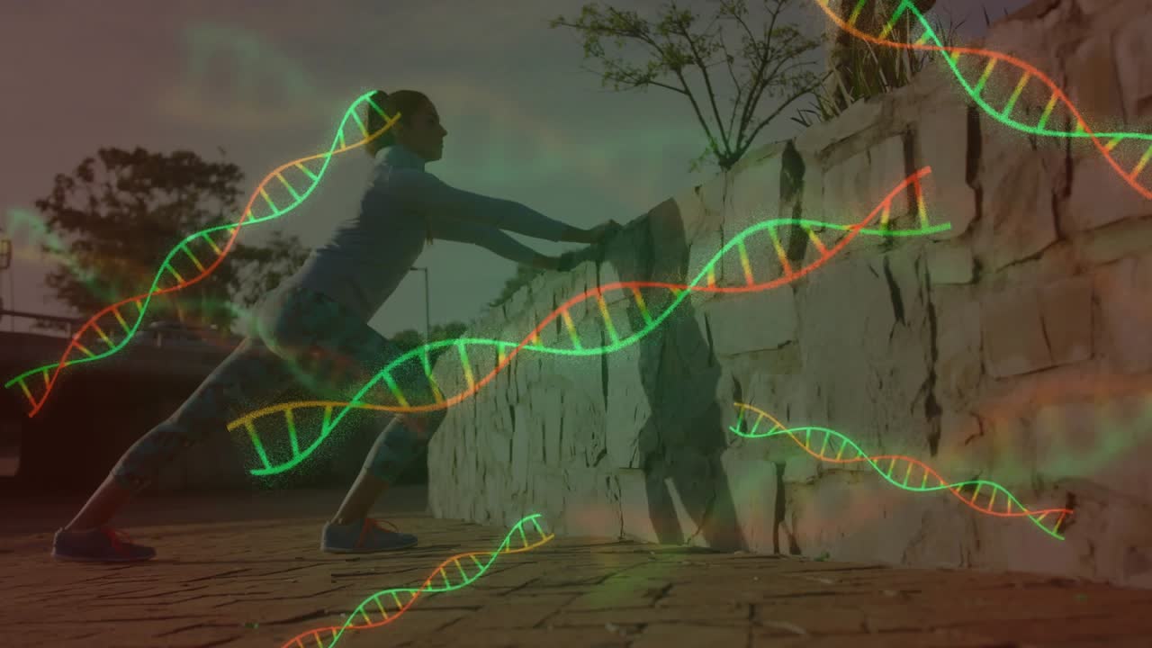 Woman stepping into lunge on stone wall, deepening stretch for fitness while DNA helix sweeping