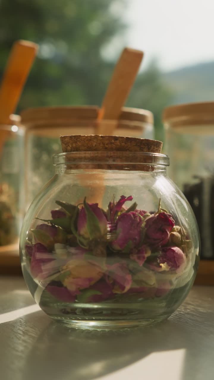 hierbas dispuestas en superficie blanca cerca de la ventana. varios elementos para la preparación del té en la mesa de comedor listos para su uso. elaboración de bebidas saludables