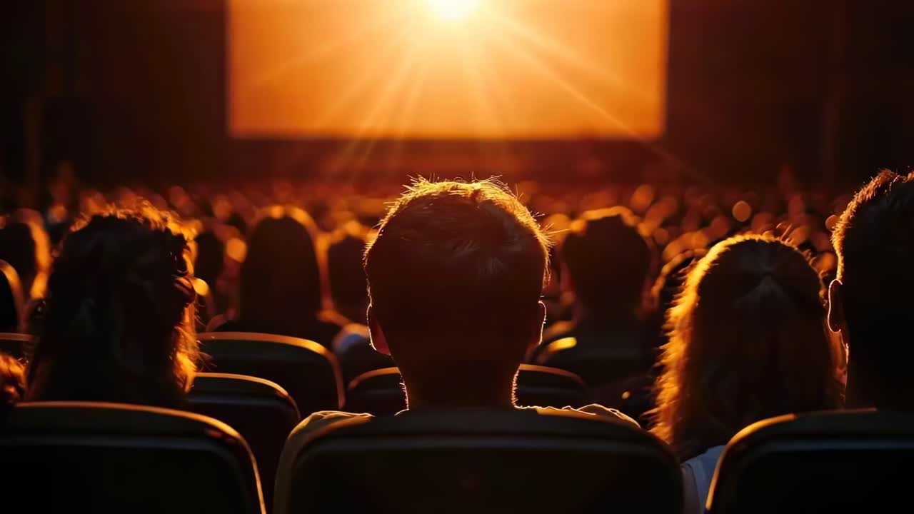 Vista posteriore del pubblico in un teatro scarsamente illuminato che guarda uno schermo luminoso