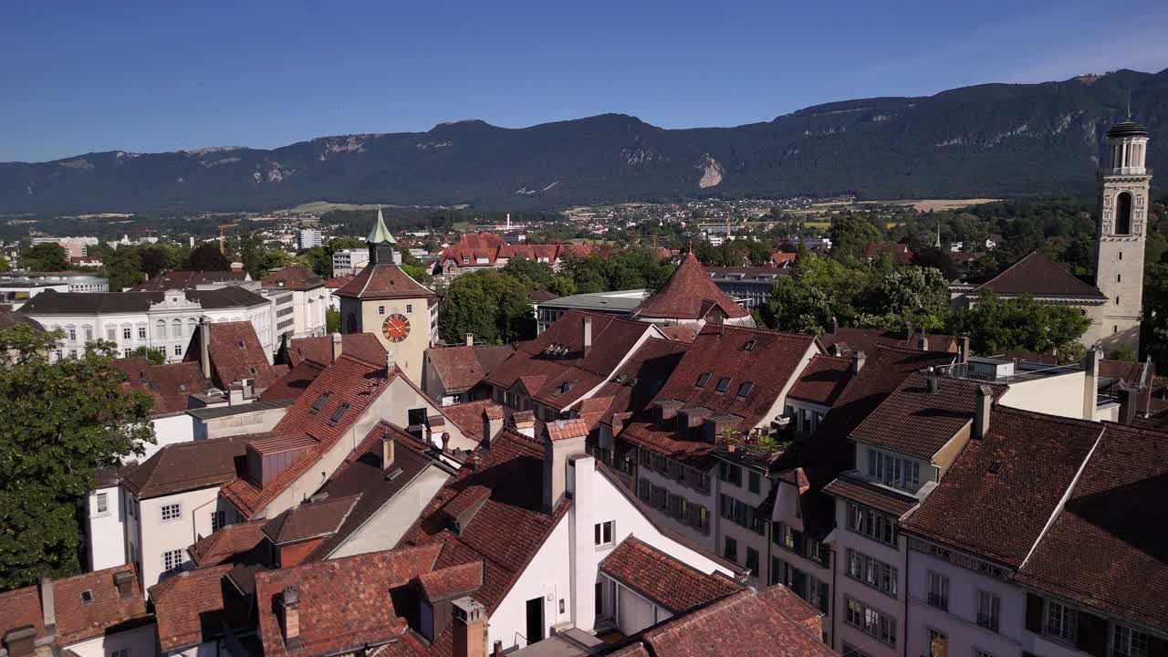 Above old town Solothurn Switzerland aerial drone Baroque style homes roof