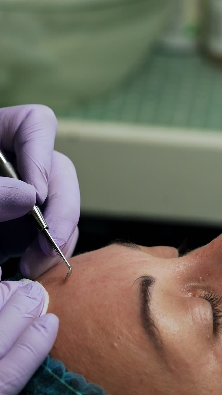 Female client is in the beauty salon. Cosmetician uses instrument for blackhead removal. Side view close up. Vertical video